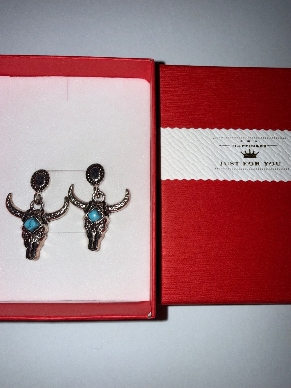 Turquoise Accent Bull Skull Dangle Earrings - Silver-Tone